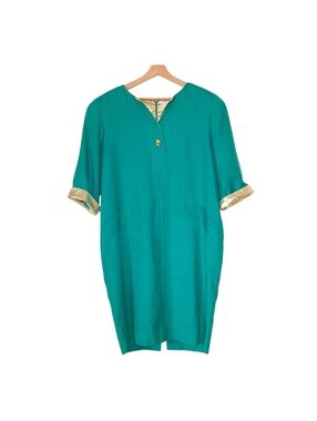 Adrianna Papell Dress Silk Vintage 80s 90s Turquoise Gold Size 8